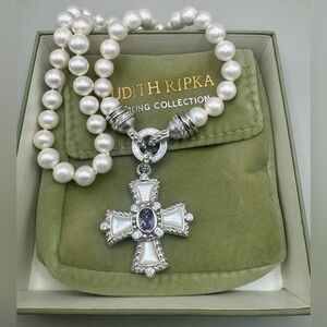 Judith Ripka Sterling MOP & Amethyst Maltese Cross Necklace